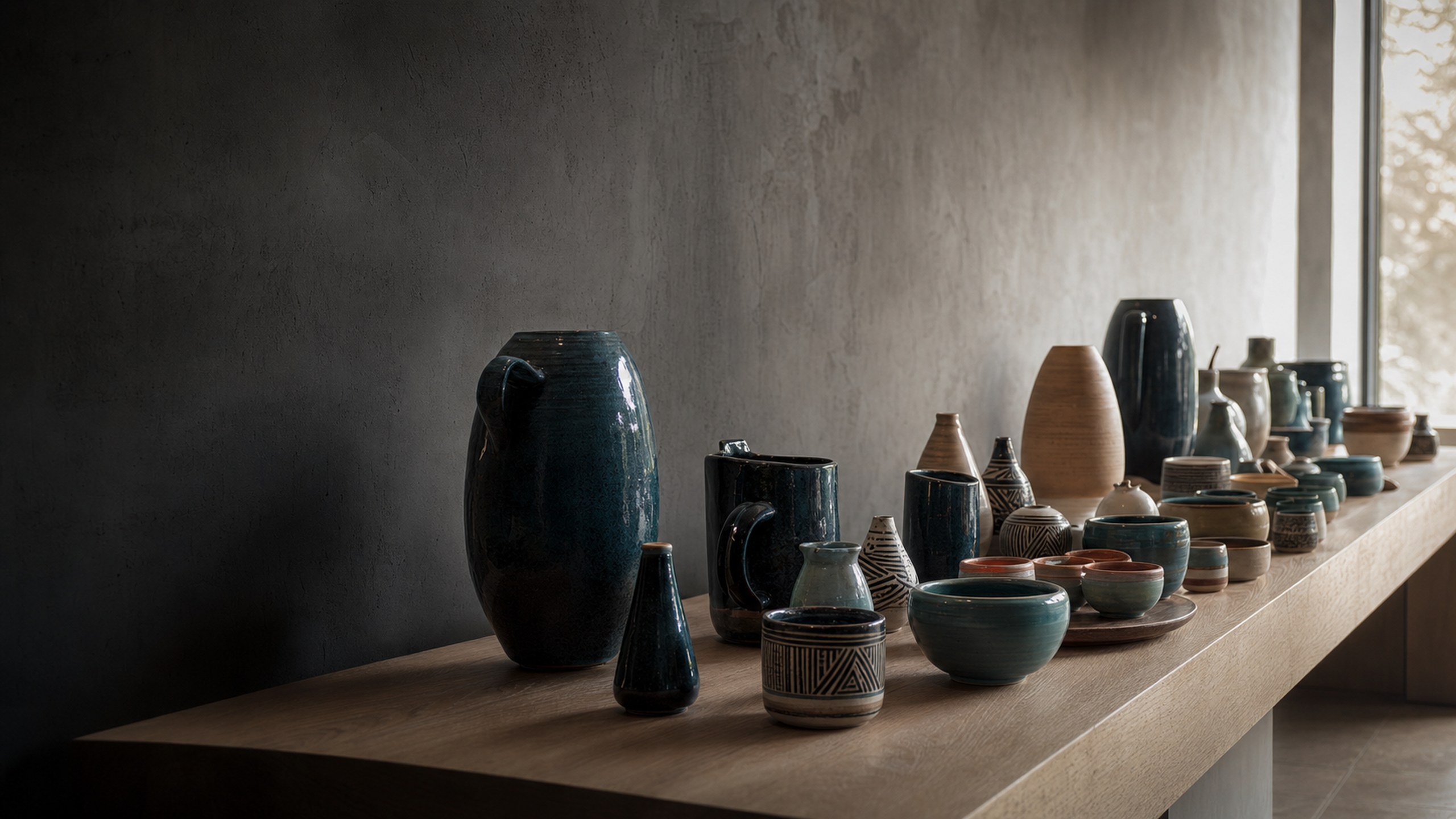 A long oak shelf of hand-thrown vases and cups in teal, cream and terracotta glazes in the atelier