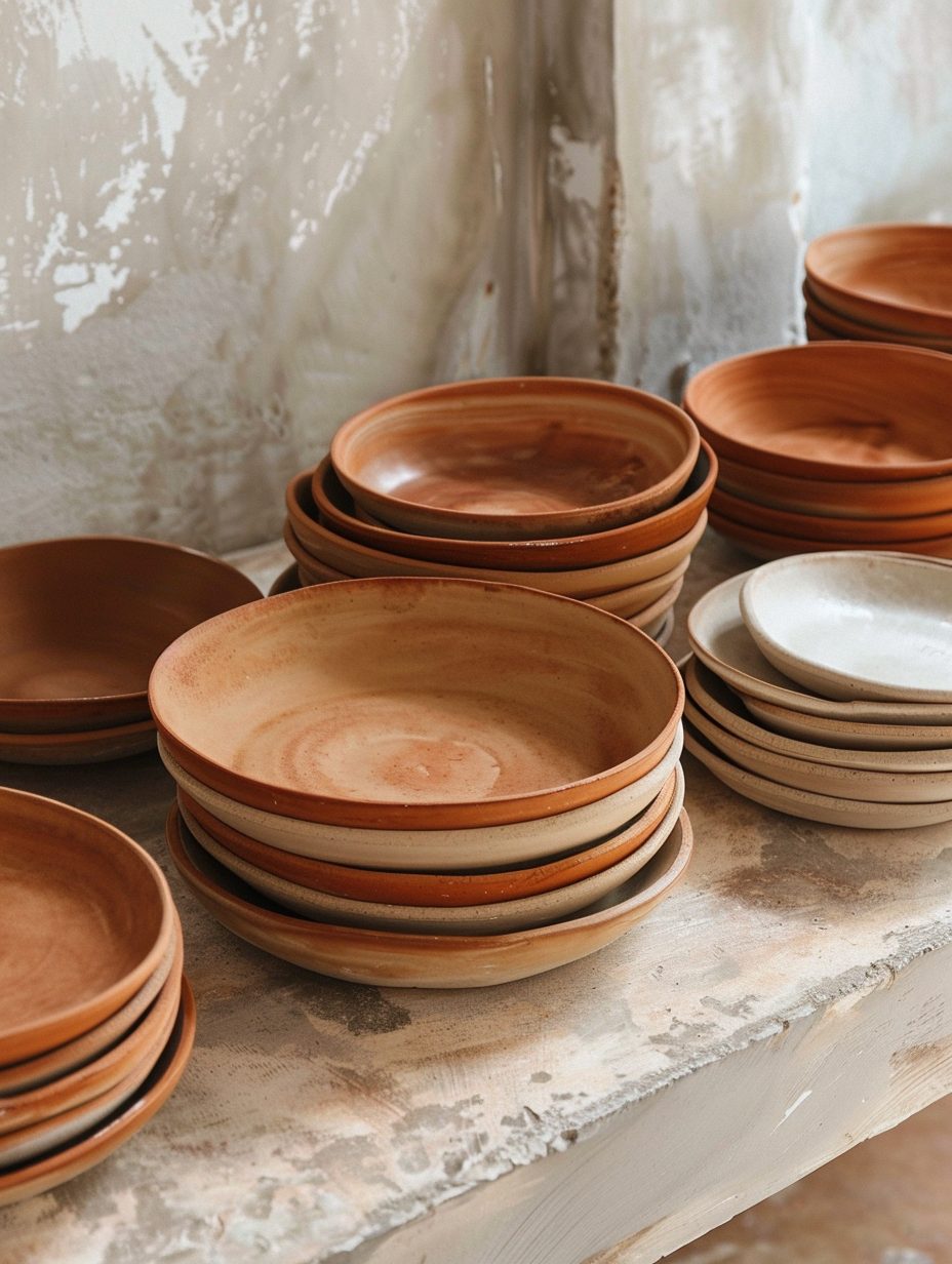 Glazed and unglazed pieces side by side in the atelier.