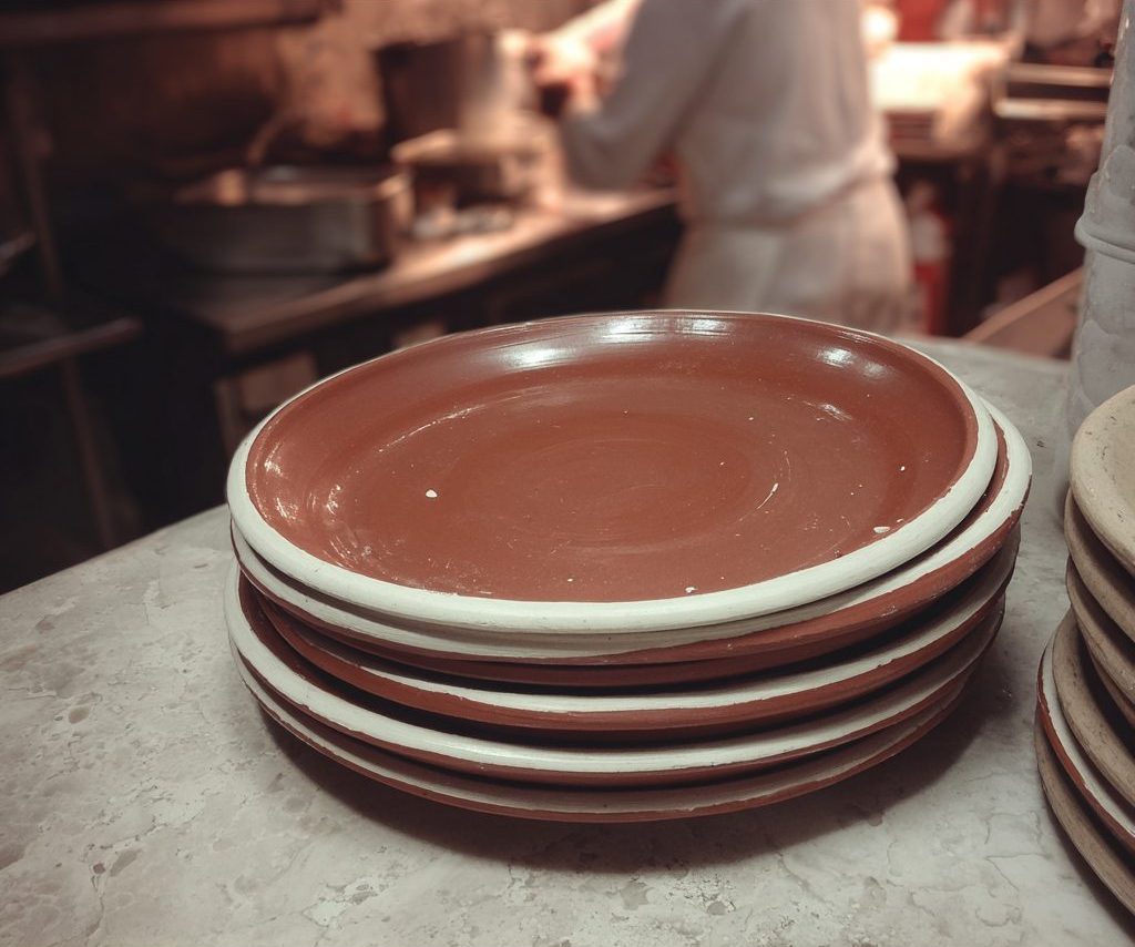 Red clay plates stacked in the atelier