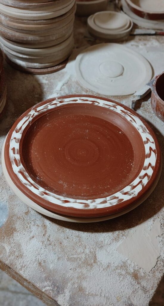 Sample red clay plates on a stone bench