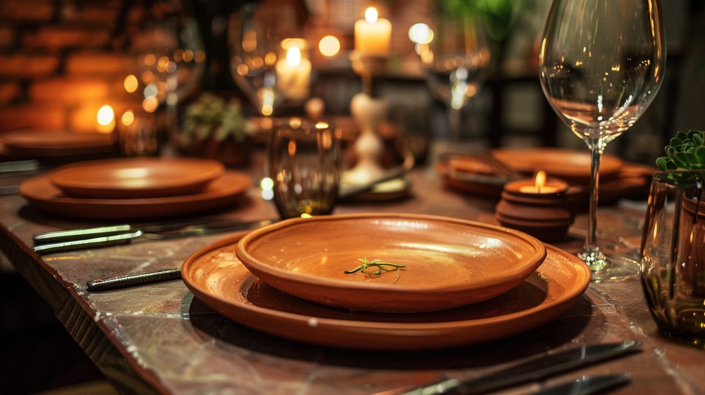 Red clay plate in candlelit service