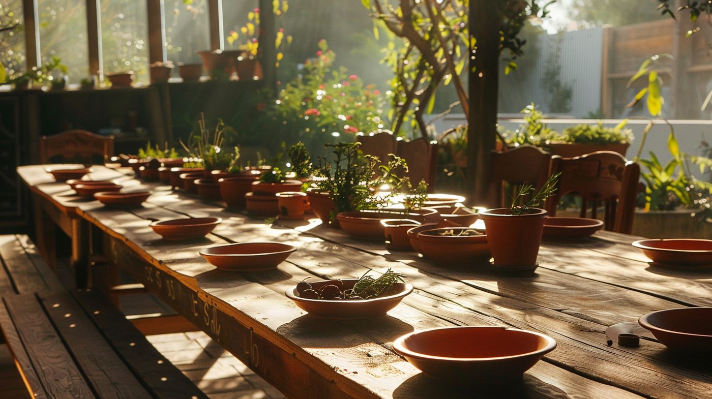 Long table service with red clay