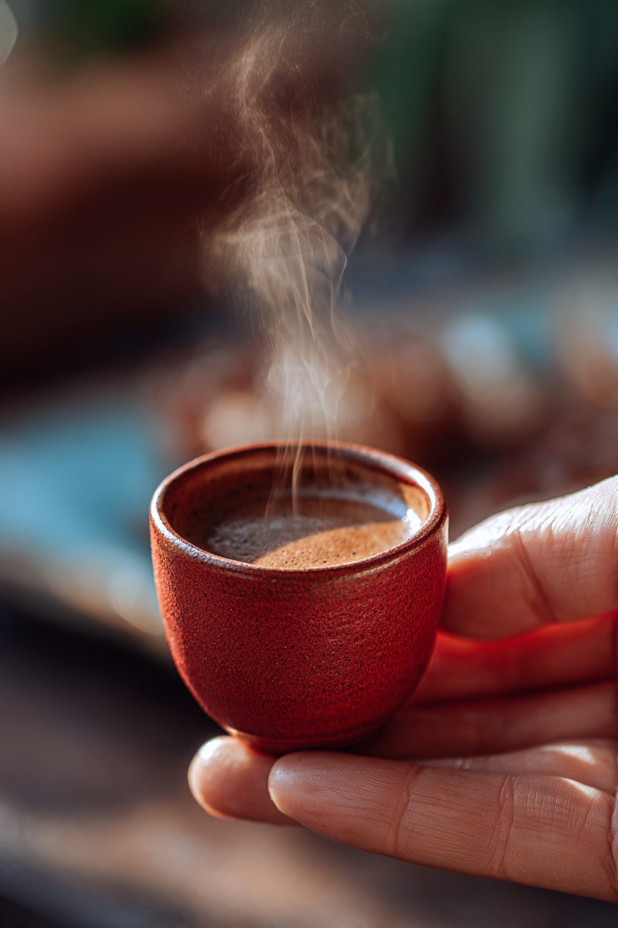 Red clay coffee cup held in the hand